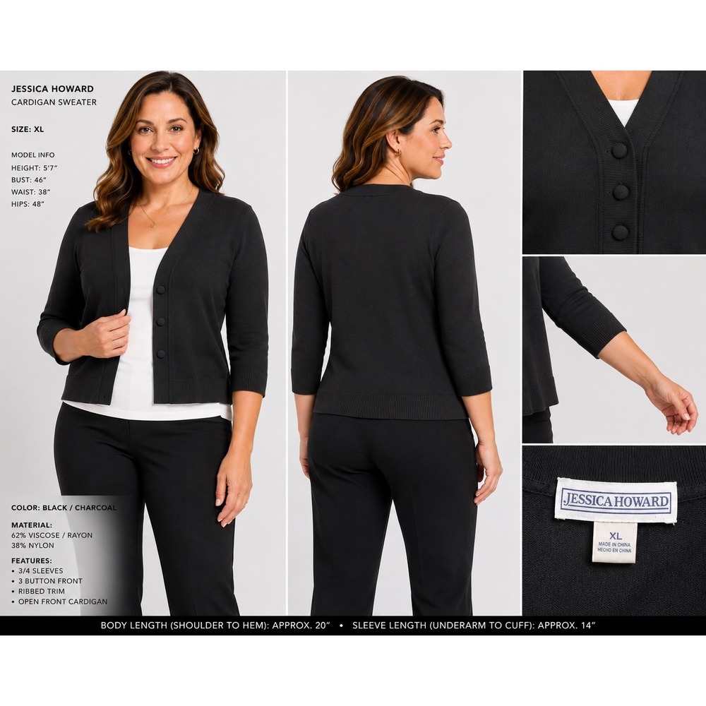Jessica Howard Black 3/4 Sleeve Cardigan Sweater XL V-Neck Button Front Knit